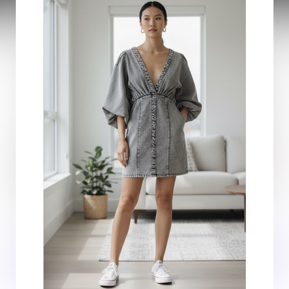 Joslin Studio Ayra Denim Dress Grey Wash Size 10 Puff Sleeve Mini Dress